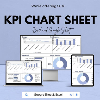 KPI Chart Sheet | Budget Tracking, Net Expenses, Revenue and Profit Margins | Excel & Google Sheet Template | Business Performance Dashboard