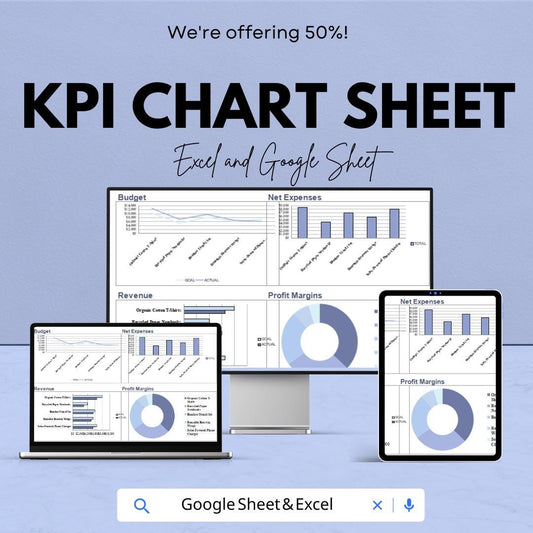 KPI Chart Sheet | Budget Tracking, Net Expenses, Revenue and Profit Margins | Excel & Google Sheet Template | Business Performance Dashboard