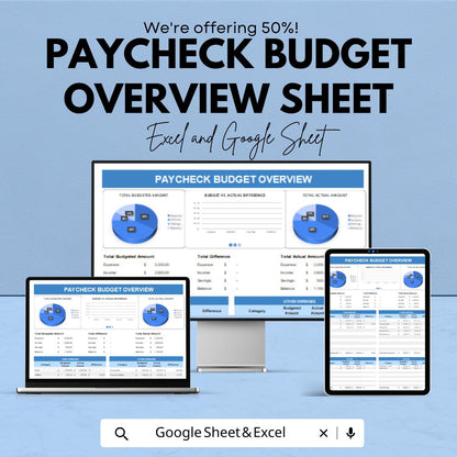 Paycheck Budget Overview Sheet | Excel & Google Sheet Template | Monthly Budget Tracker | Income Expense Planner | Digital Finance Organizer