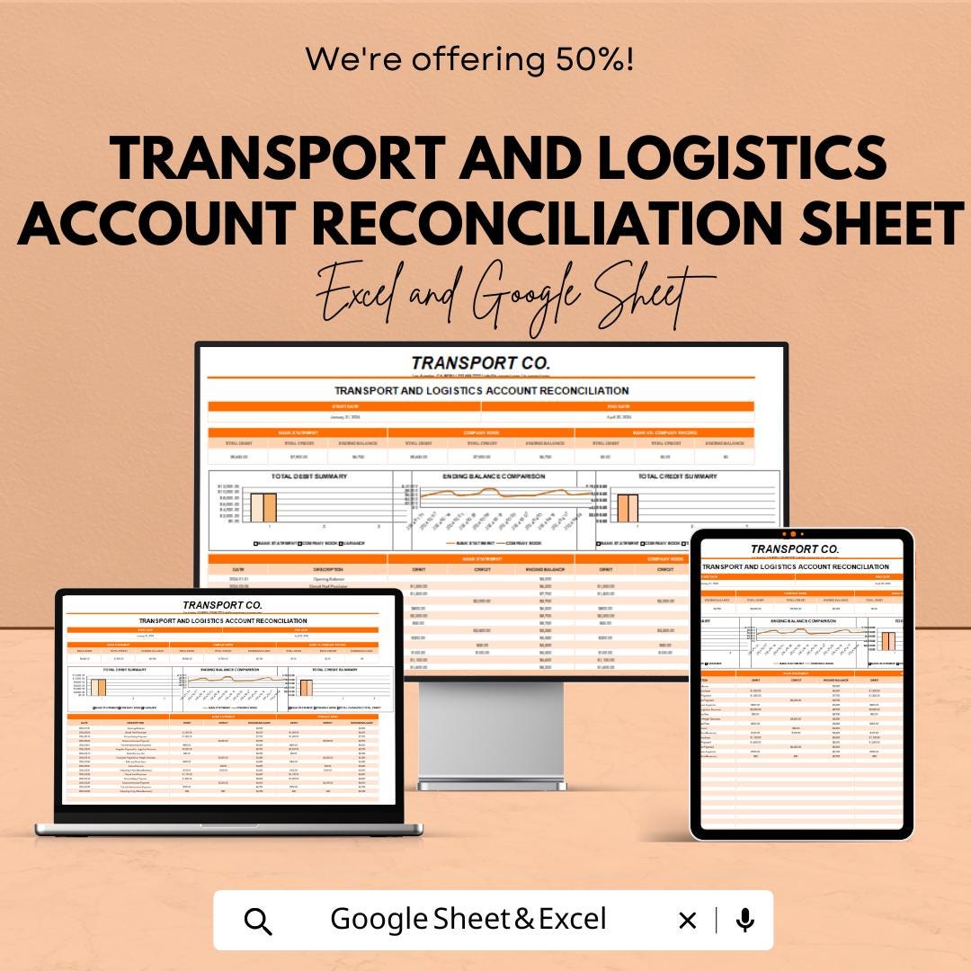 Transport & Logistics Account Reconciliation Sheet - Google Sheets for Financial Management, Budget Tracking and Automated Calculations