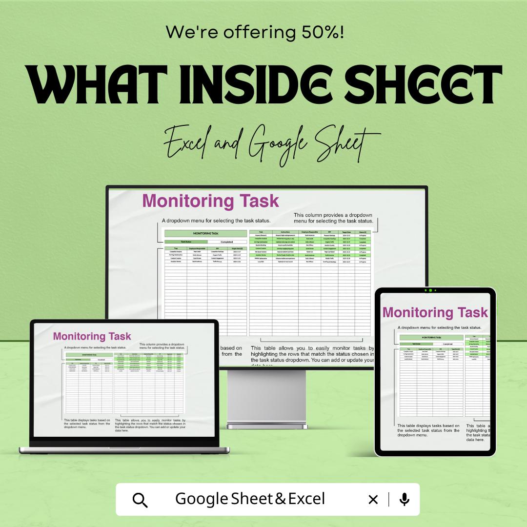 Monitoring Task Sheet Excel & Google Sheets | Task Tracker Template for Status, KPIs, and Goal Progress
