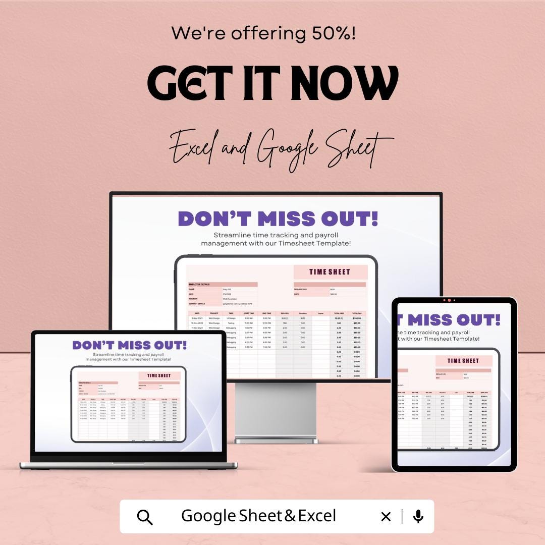 Timesheet Template – Excel & Google Sheets, 50% OFF – Track Employee Hours, Work Schedule, Editable Payroll, Time Management Tool