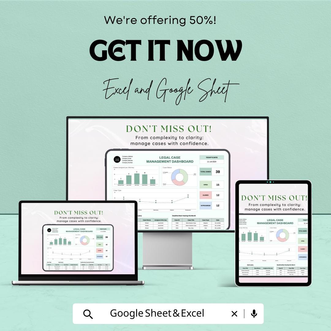 Legal Case Management Dashboard Sheet | Google Sheets Template for Case Tracking | Legal Case Overview | Task & Deadline Management