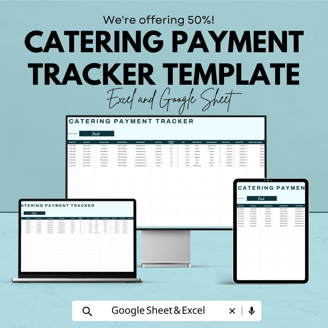 Catering Payment Tracker | Excel & Google Sheets Template | Catering Invoice Log | Event Payment Tracker | Catering Business Tool