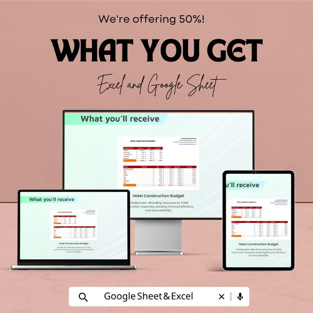 Hotel Construction Budget Template | Construction Budget Spreadsheet | Project Cost Estimator | Building Budget Planner
