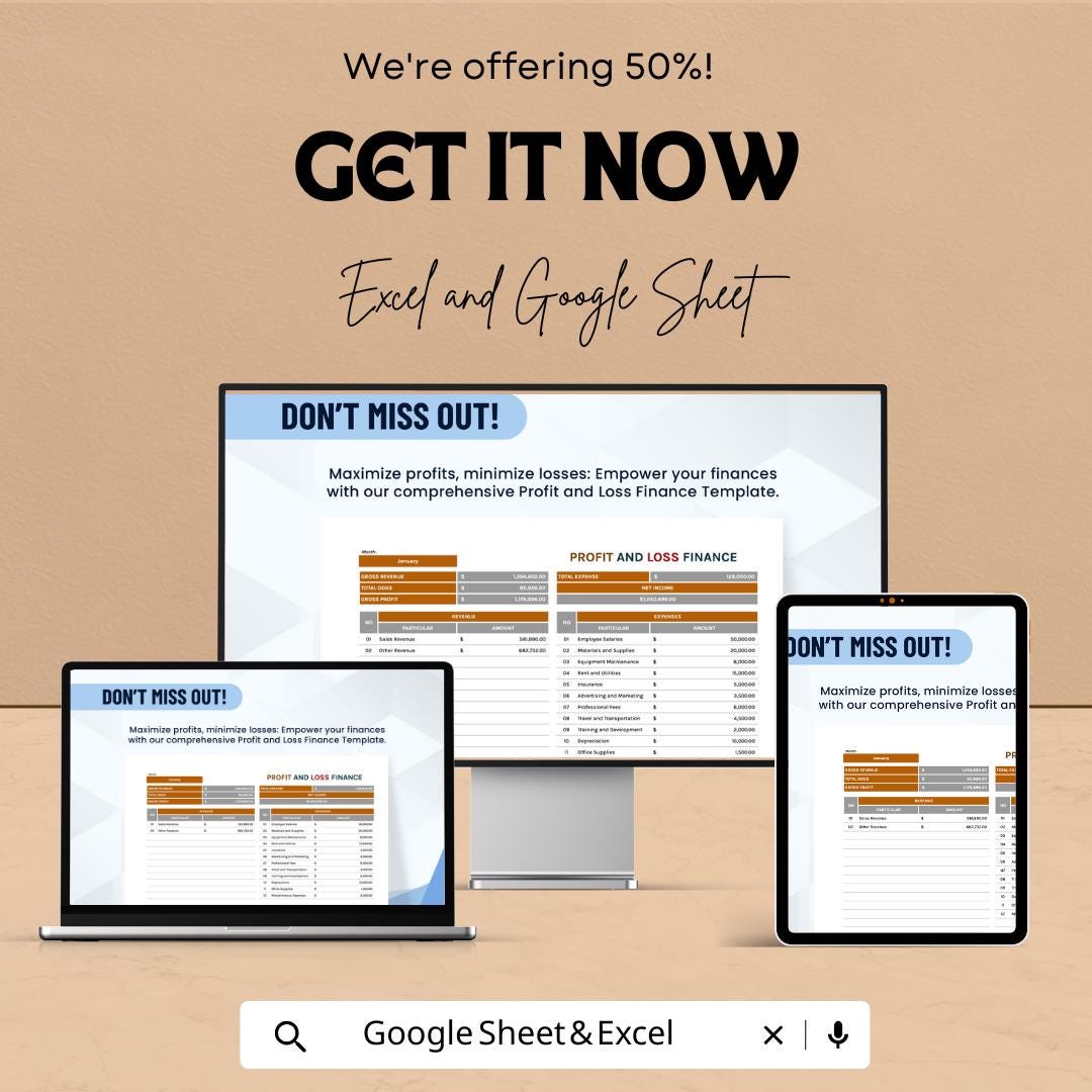 Profit and Loss Finance Template | P&L Statement Spreadsheet | Income and Expense Tracker | Business Financial Report Template
