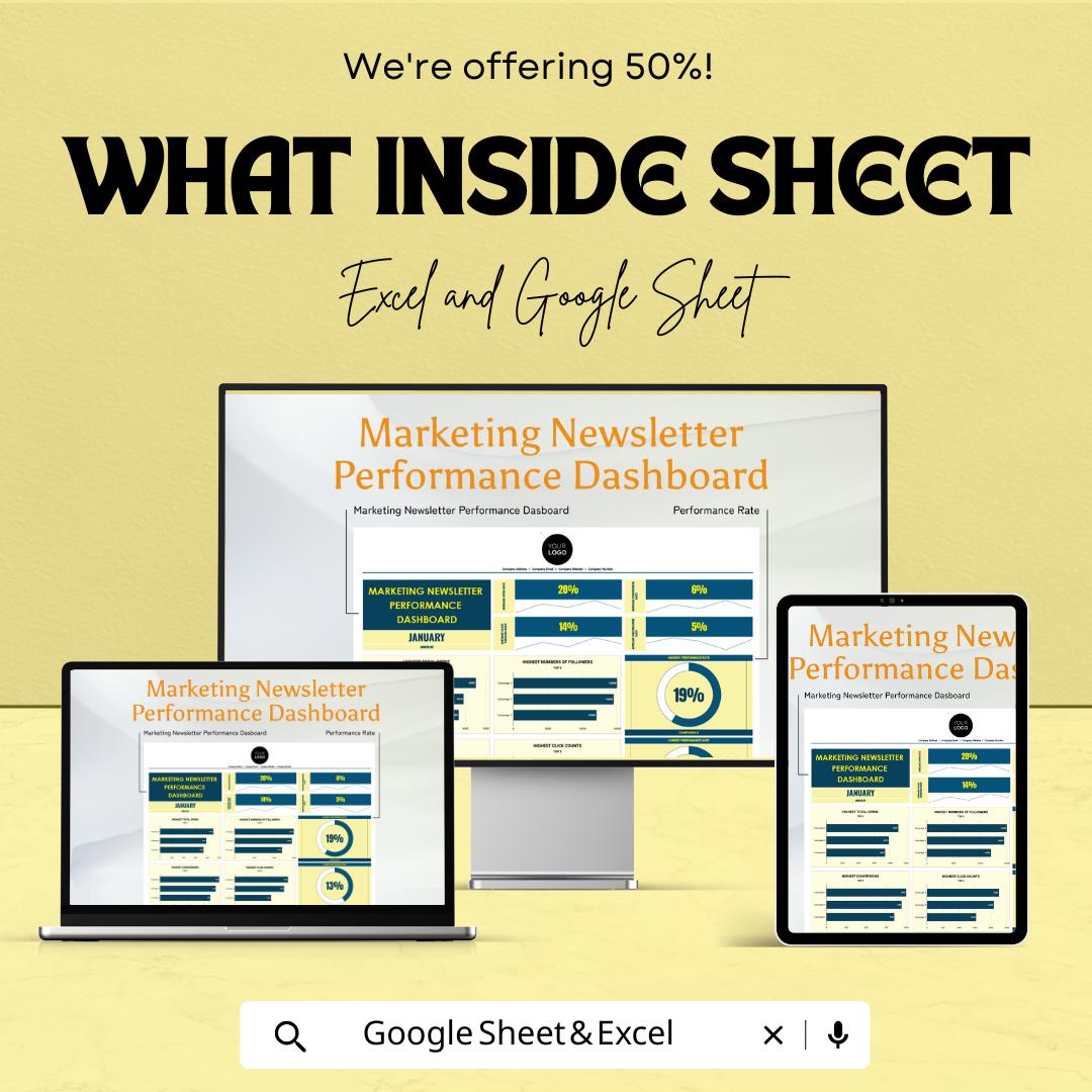 Marketing Newsletter Performance Dashboard | Track Email Campaign Metrics | Excel & Google Sheet Template | Monthly Reporting Tool