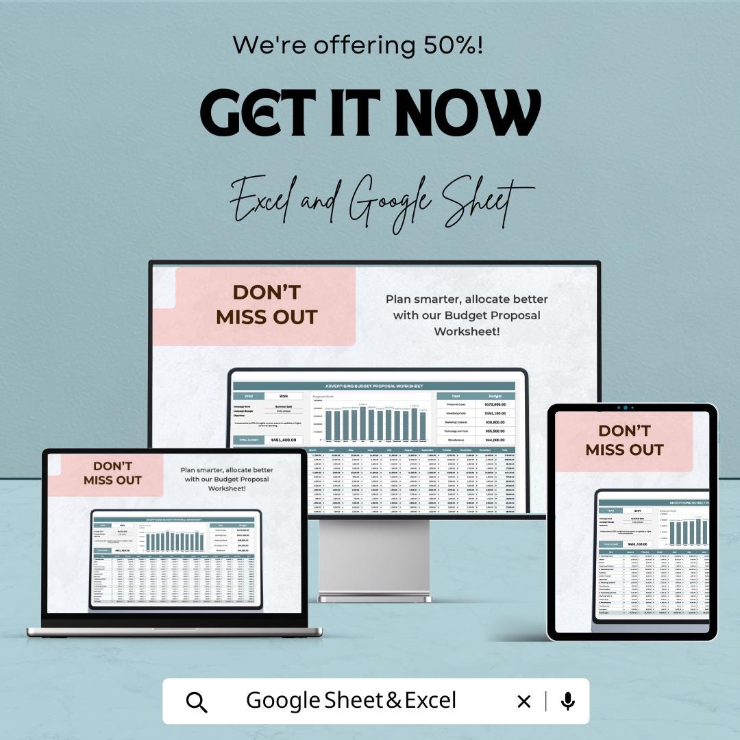 Advertising Budget Proposal Worksheet | Excel and Google Sheets Template | Budget Planner for Marketing & Advertising Campaigns |