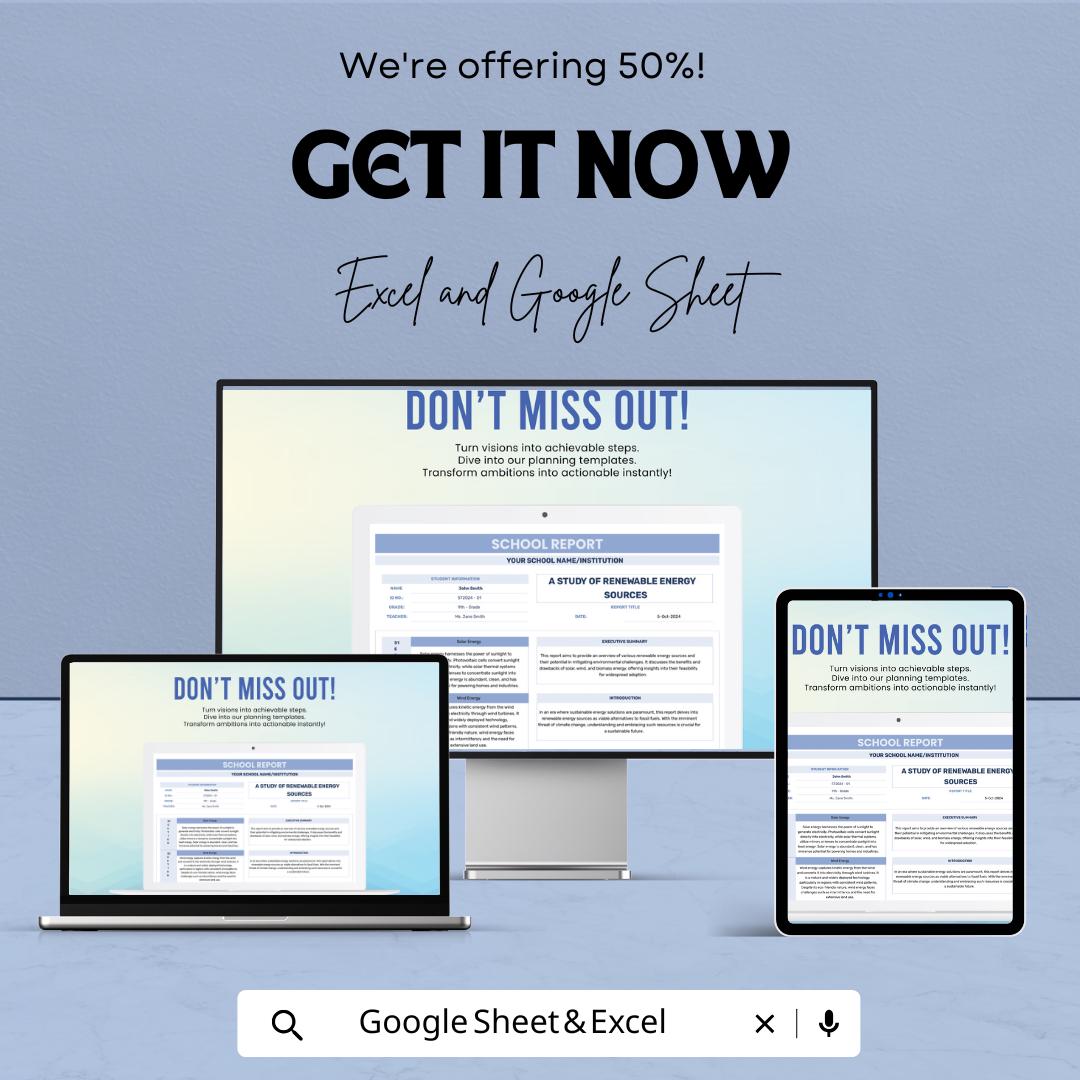 School Report Template | Editable Student Report Sheet | Excel & Google Sheets | Academic Project Report | Printable School Template