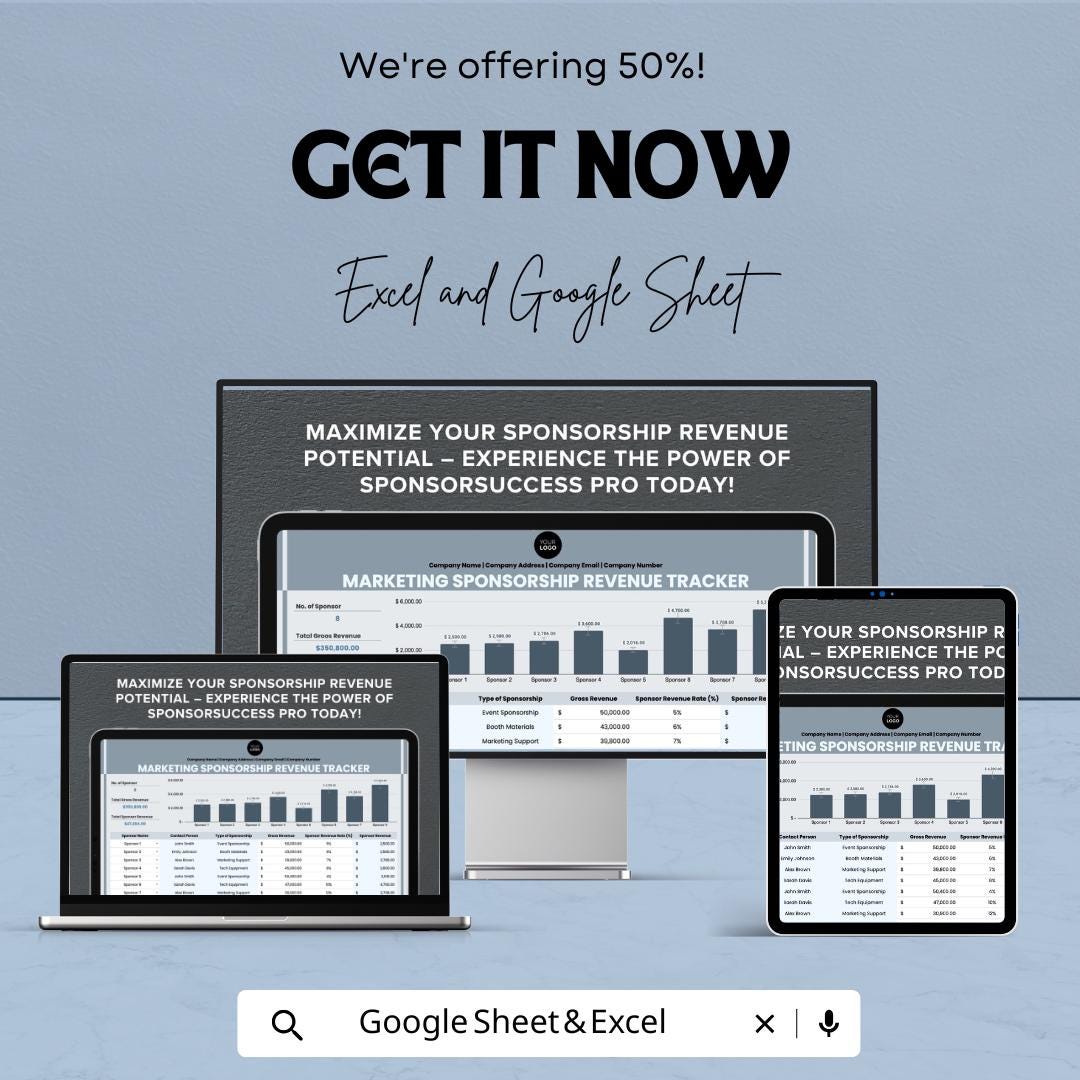 Marketing Sponsorship Revenue Tracker Sheet | Excel and Google Sheets | Budget & ROI Dashboard