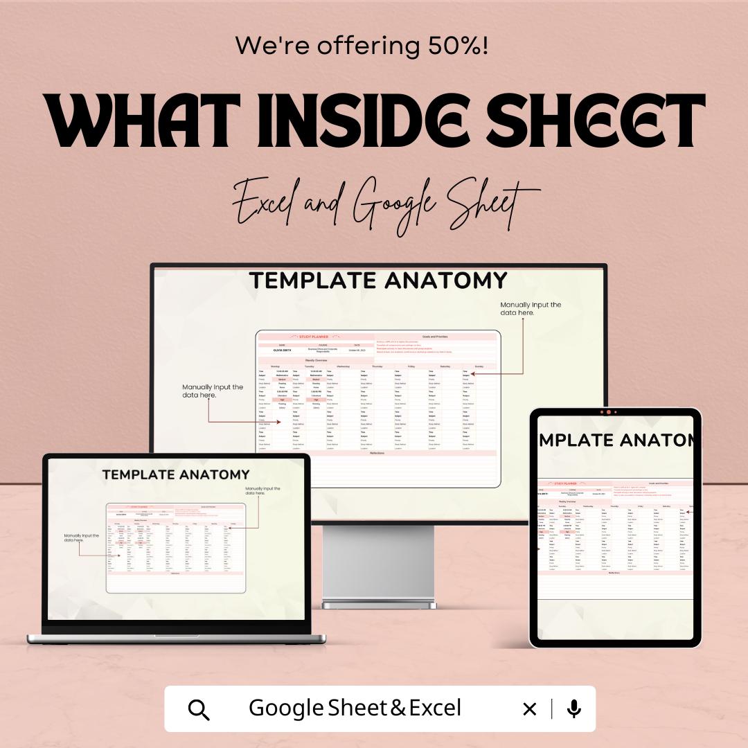 Study Planner Template Google Sheets and Excel | Weekly Study Schedule | Student Planner | Semester Planner | Class and Assignment Tracker