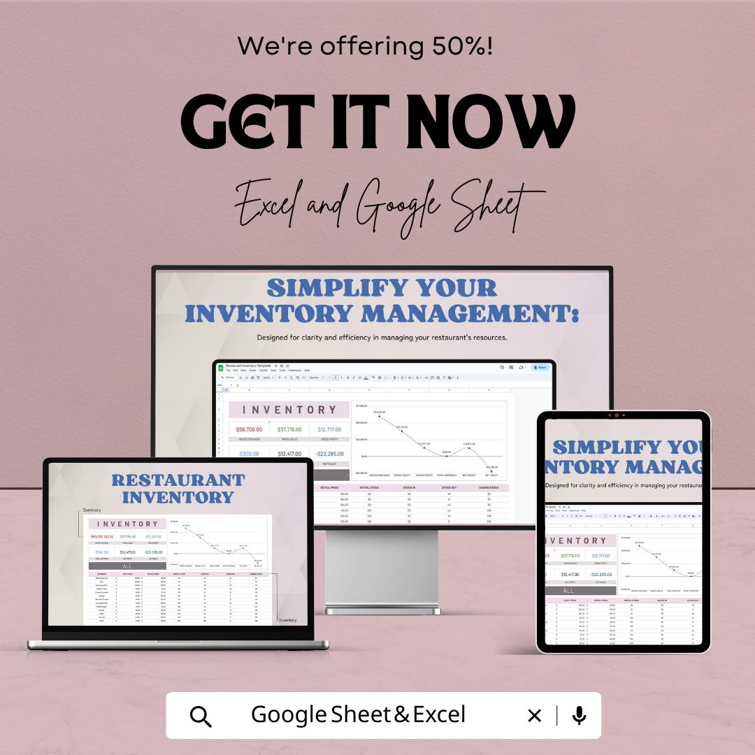 Restaurant Inventory Template |  Food & Beverage Stock Tracker | Kitchen Inventory Spreadsheet | Restaurant Management Sheet