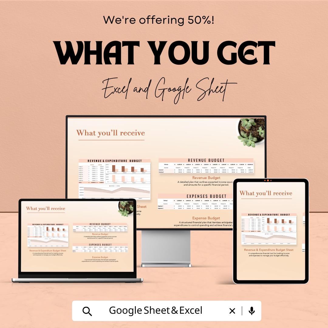 Revenue & Expenditure Budget Sheet | Monthly Income and Expense Tracker | Excel and Google Sheets Template | Business Budget Planner