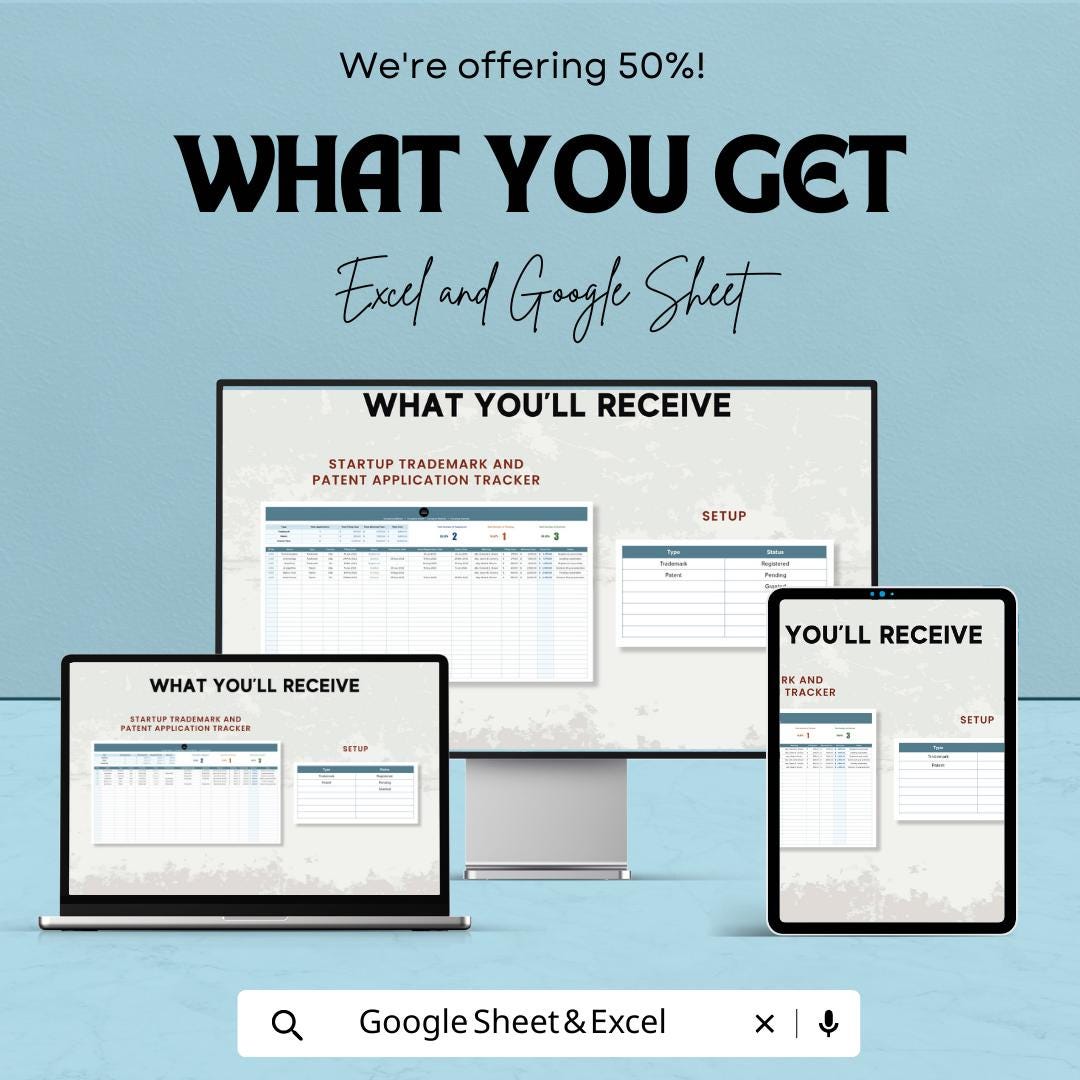 Startup Trademark and Patent Tracker, IP Application Tracker, Trademark Log, Patent Tracking Spreadsheet