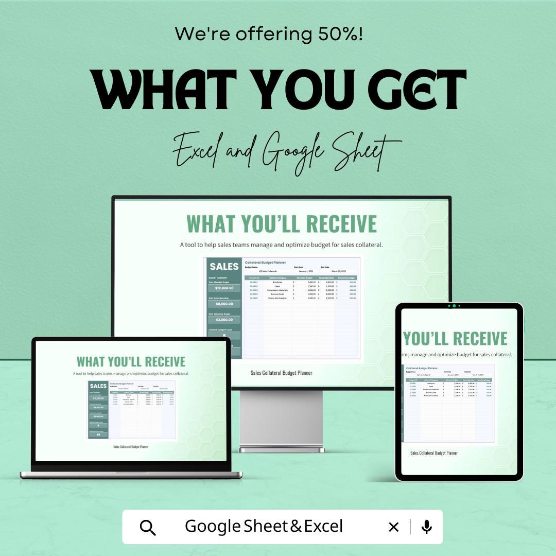 Sales Collateral Budget Planner Sheet – Excel and Google Sheets | Sales Budget Tracker | Marketing Budget Allocation & Expense Management
