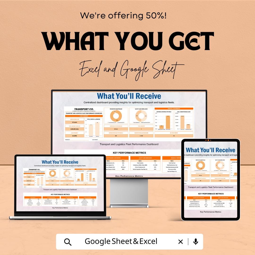 Fleet Performance Dashboard | Transport  and ogistics Analytics Spreadsheet | Vehicle KPI Tracker | Google Sheets & Excel Template