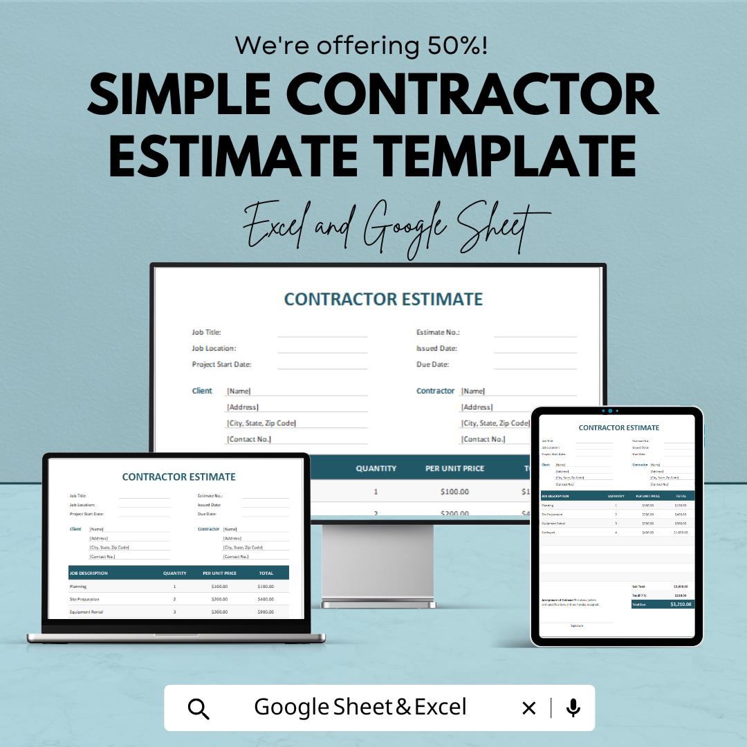Simple Contractor Estimate Template | Editable Construction Quote Form | Service Cost Breakdown | Work Estimate Sheet