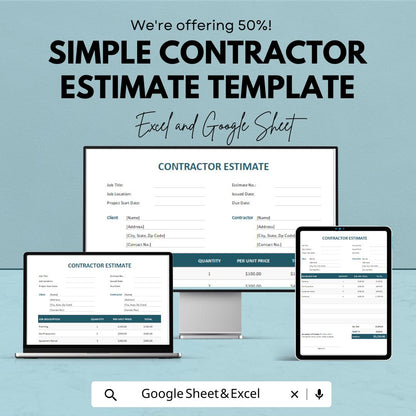 Simple Contractor Estimate Template | Editable Construction Quote Form | Service Cost Breakdown | Work Estimate Sheet