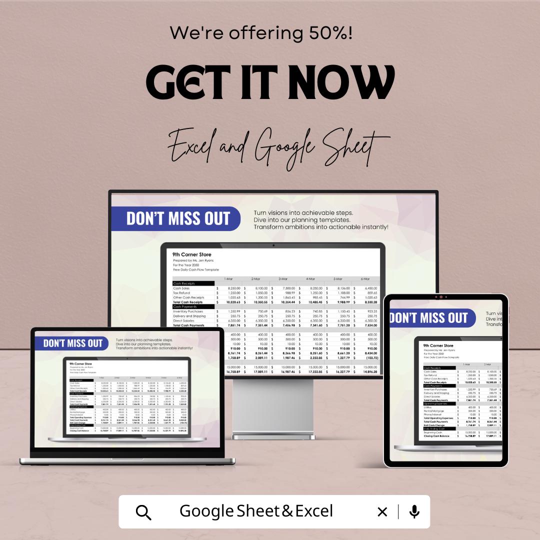 Daily Cash Flow Sheet Template - Excel and Google Sheets - Track Income, Expenses, Net Cash - Editable & Instant Download