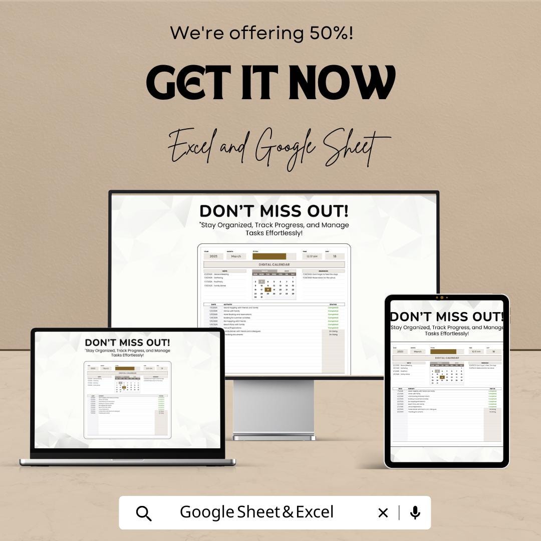 Digital Calendar Sheet | Excel and Google Sheets Template for Task Management, Scheduling & Tracking