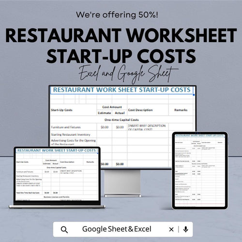 Restaurant Start-Up Cost Worksheet | Google Sheets & Excel Template | Restaurant Budget Planner | Startup Expense Tracker for Small Business