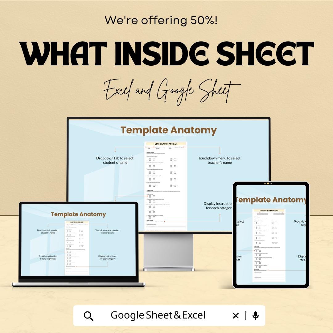 Simple Editable Worksheet Template | Google Sheets & Excel | Classroom Quiz Form | Homeschool Assignment | Digital Download
