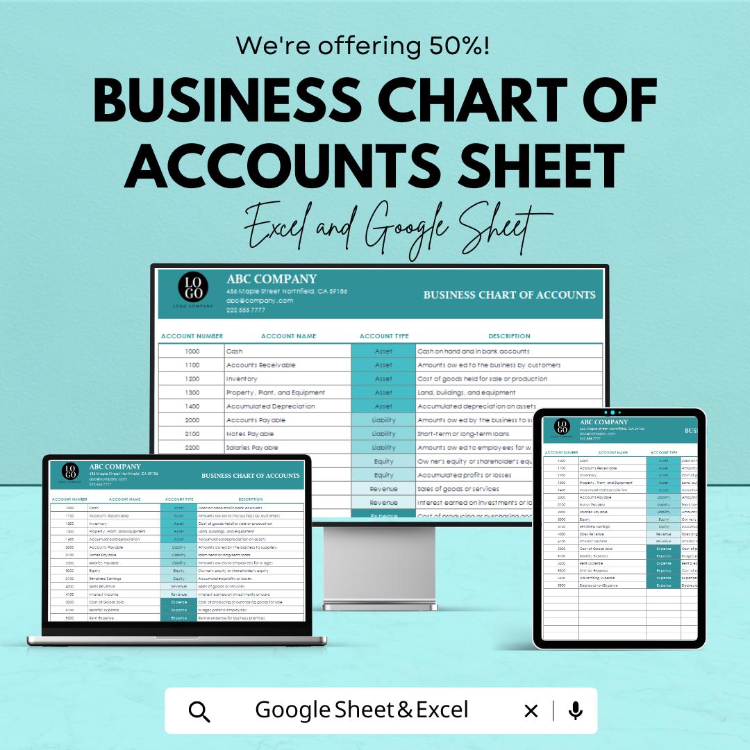 Business Chart of Accounts Sheet for Excel & Google Sheets - 50% Off - Organized Accounting Template for Small Businesses
