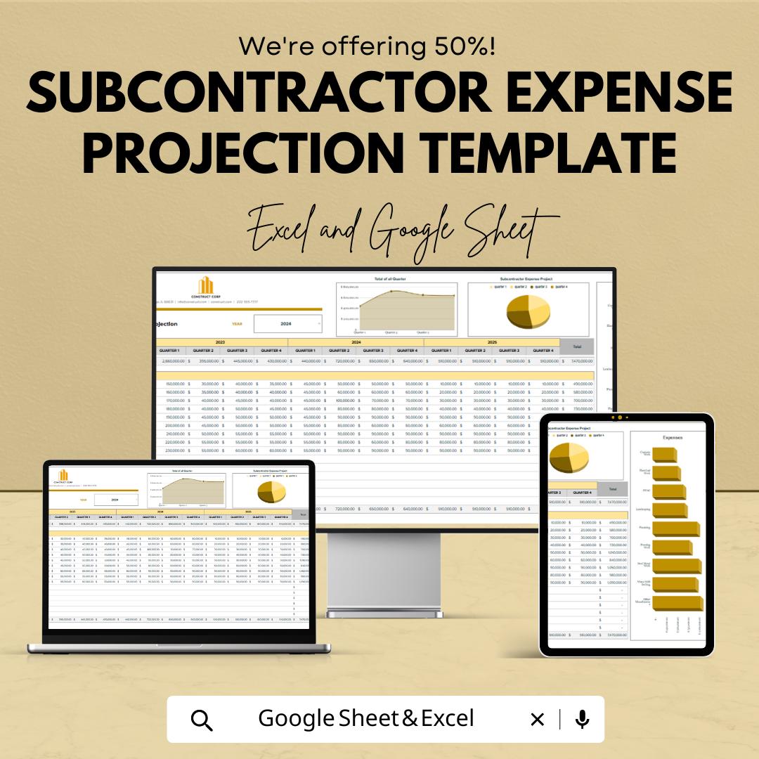 Subcontractor Expense Projection Template | Contractor Budget Planner | Project Expense Forecast | Subcontractor Cost Tracker