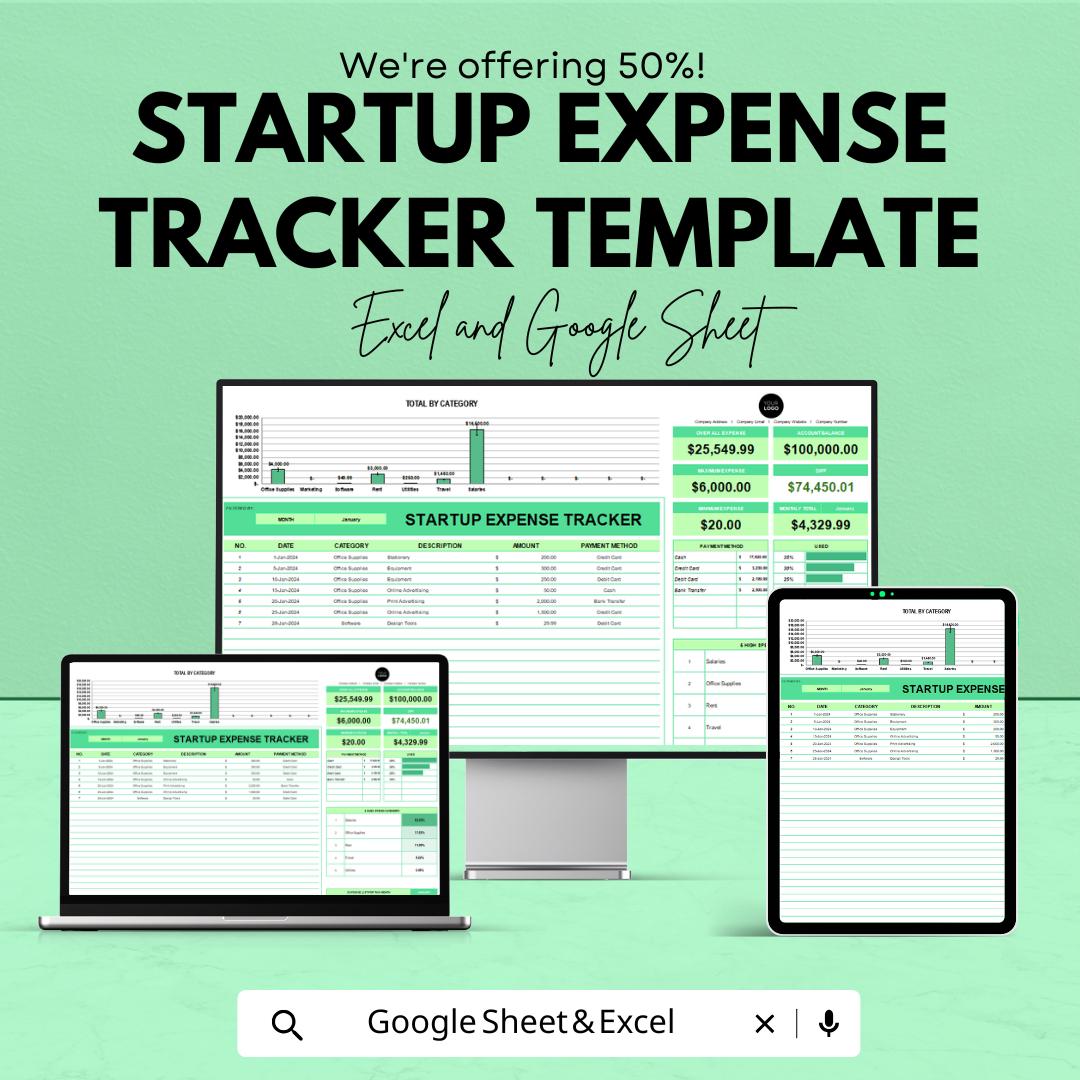 Startup Expense Tracker Template | Small Business Budget and Expense Tracker for Excel & Google Sheets | Financial Dashboard