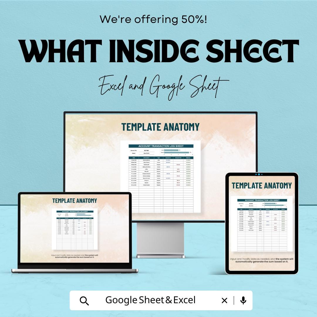Account Transaction Log Sheet Template | transaction Tracker | Income Expense Log | Finance Tracking Spreadsheet | Account Ledger Template