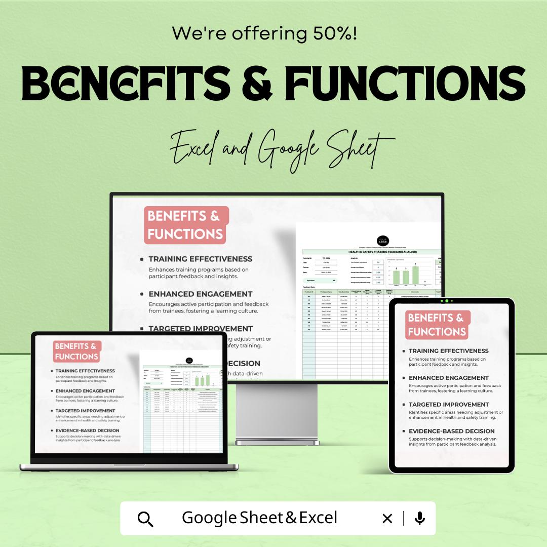 Health & Safety Training Feedback Analysis Template | Excel and Google Sheets | Safety Report | Employee Training Evaluation Tool