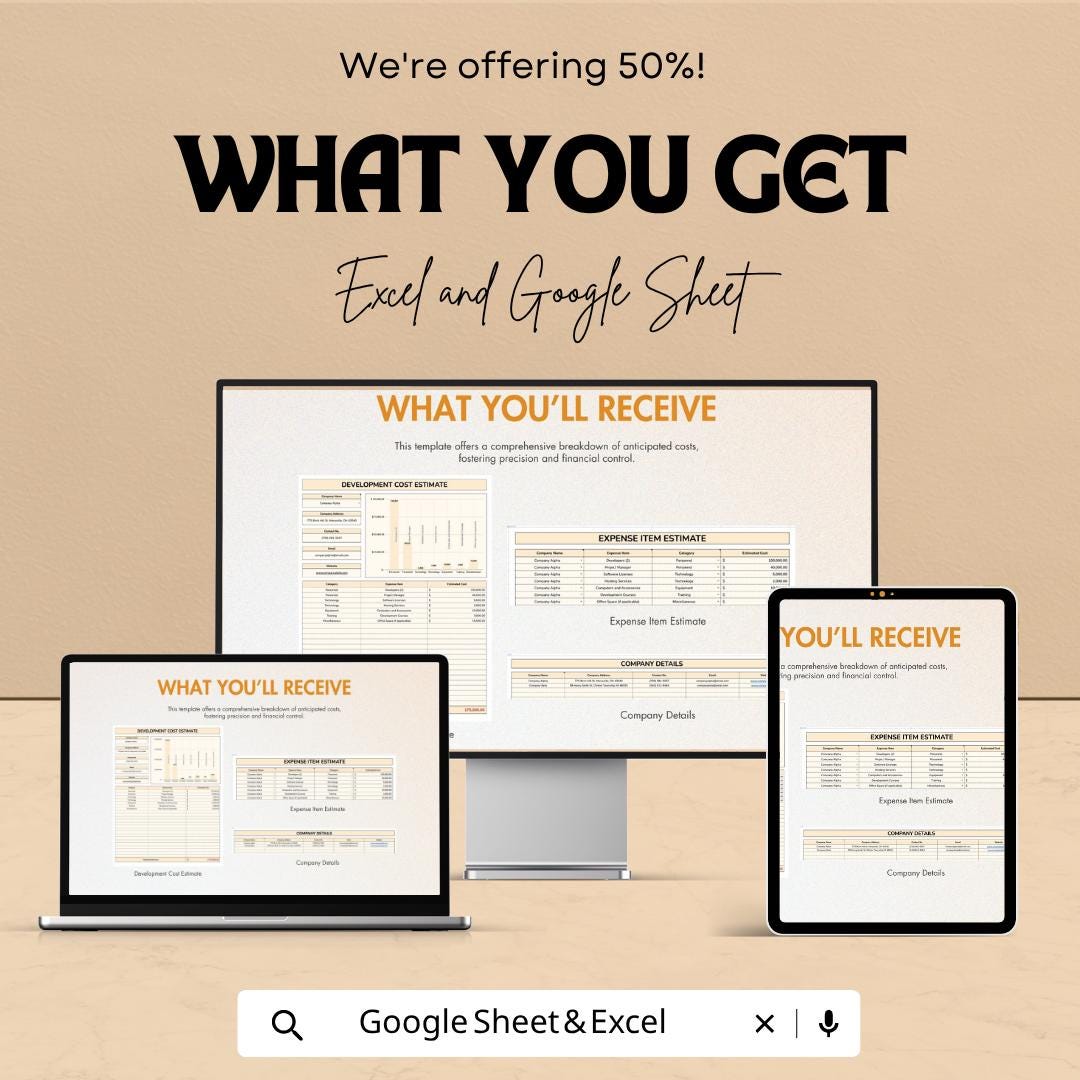 Development Cost Estimate Template | Project Budget Spreadsheet | Construction Cost Calculator | Excel & Google Sheets | Business Budget