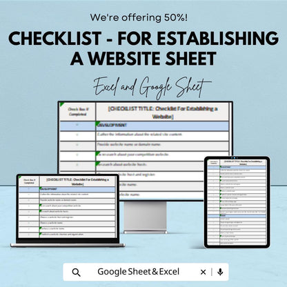 Checklist for Establishing a Website - Easy Website Setup Template for Business - Google Sheet & Excel
