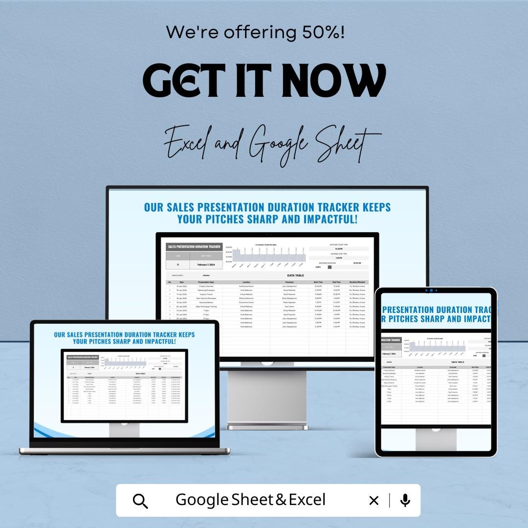 Sales Presentation Duration Tracker Template, Sales Time Tracker, Presentation Log, Sales Performance Sheet