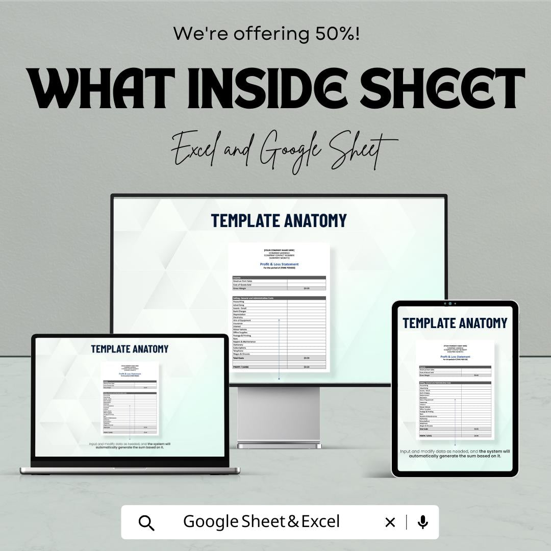 Profit and Loss Statement Sheet | Excel and Google Sheets | Business Finance Tracker | Printable P&L Template | Small Business Accounting