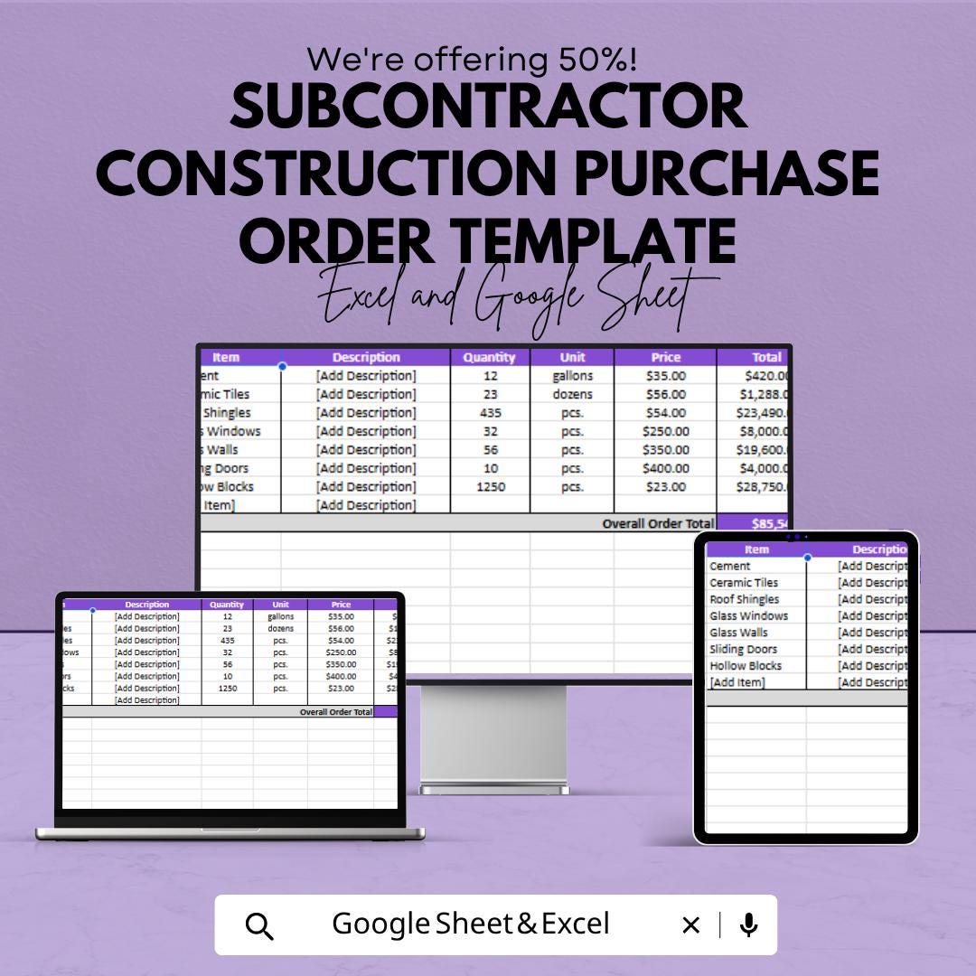 Subcontractor Construction Purchase Order Template | Contractor Material Order Form | Building Supply Tracker | Excel & Google Sheets