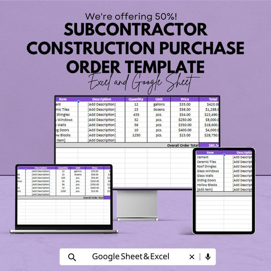 Subcontractor Construction Purchase Order Template | Contractor Material Order Form | Building Supply Tracker | Excel & Google Sheets