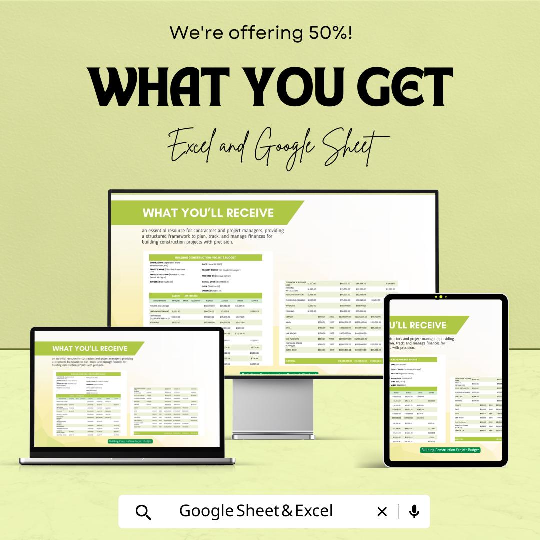 Building Construction Project Budget Template | Construction Cost Estimate Sheet | Project Expense Tracker | Contractor Budget Planner