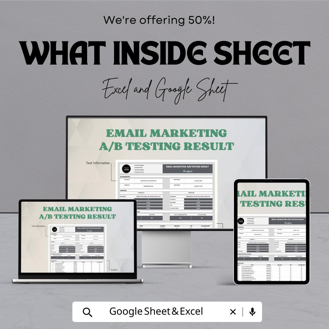 Email Marketing A/B Testing Result Analyzer Template,  Campaign Comparison, Email Performance Tracker, Split Test Spreadsheet