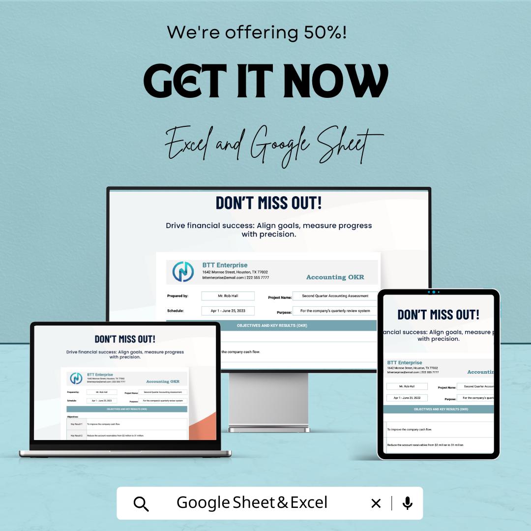 Accounting OKR Sheet | Excel & Google Sheets Goal Tracker | Objective Key Result Template | Finance OKR Planner | Editable OKR Format