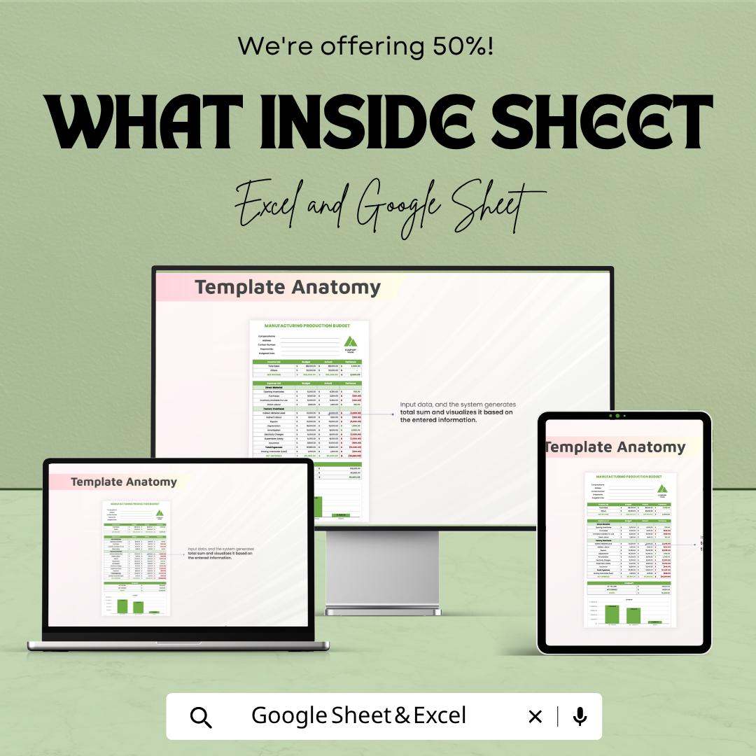 Manufacturing Production Budget Template | Production Budget Spreadsheet | Cost Analysis Planner | Financial Planning Sheet