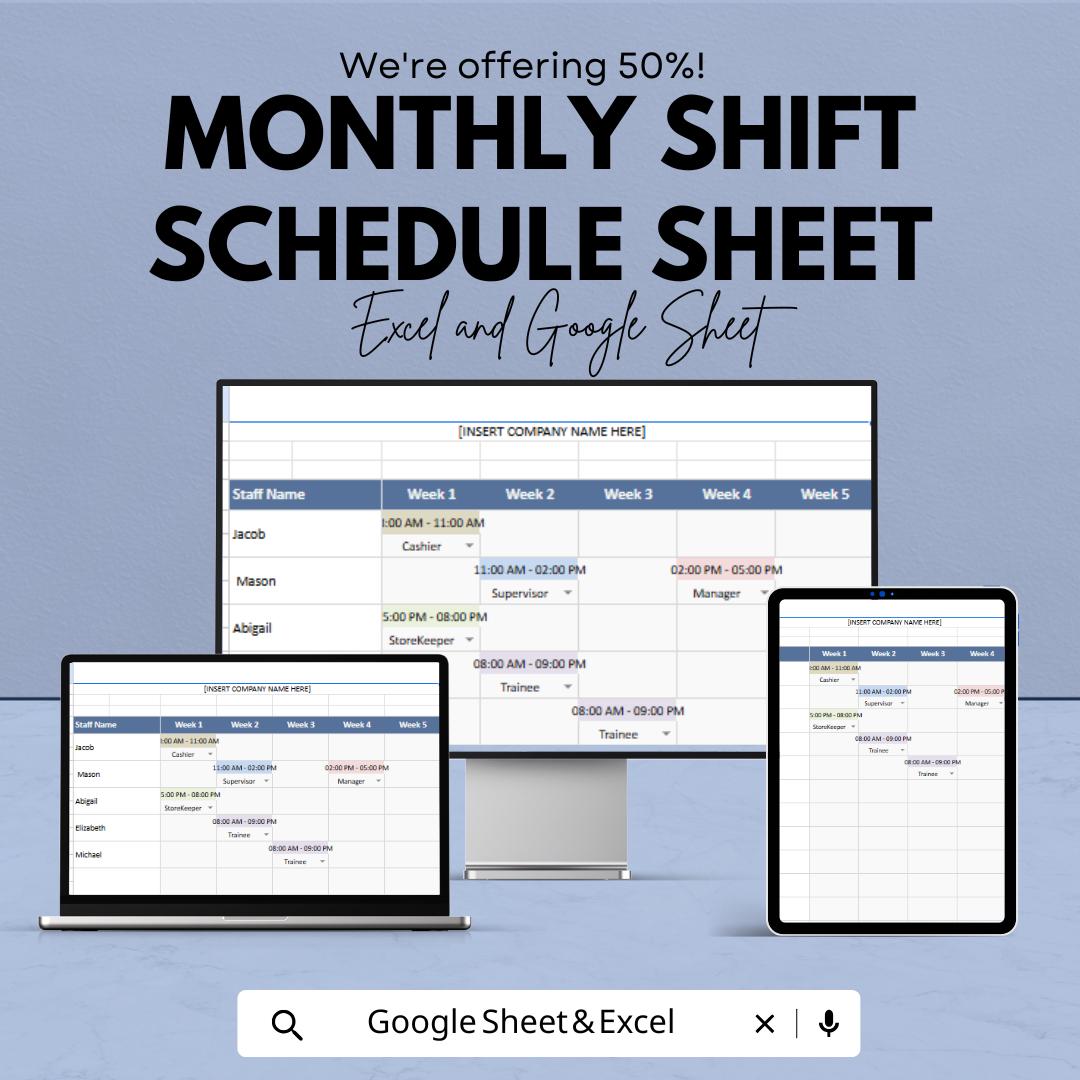 Monthly Shift Schedule Template - Excel & Google Sheets, Employee Work Schedule Planner, Customizable, Staff Shift Organizer