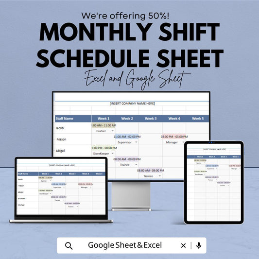 Monthly Shift Schedule Template - Excel & Google Sheets, Employee Work Schedule Planner, Customizable, Staff Shift Organizer