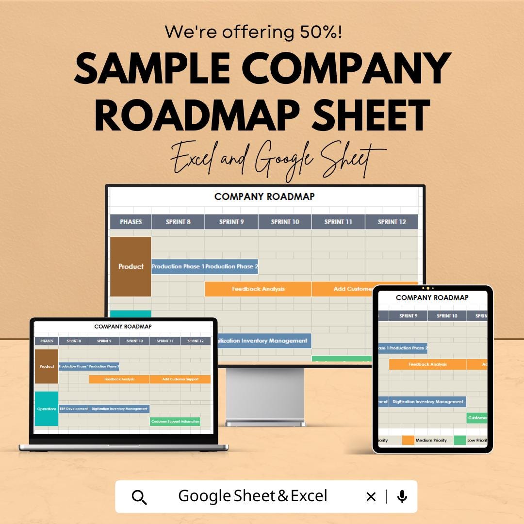 Sample Company Roadmap Sheet | Excel and Google Sheets Template | Project Planning | Sprint & Phase Management