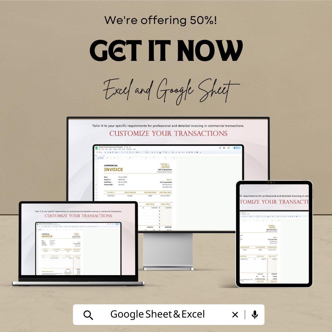 Simple Commercial Invoice Sheet | Google Sheets | Template | Editable Billing Invoice | Business Invoice Format | Printable Invoice Form