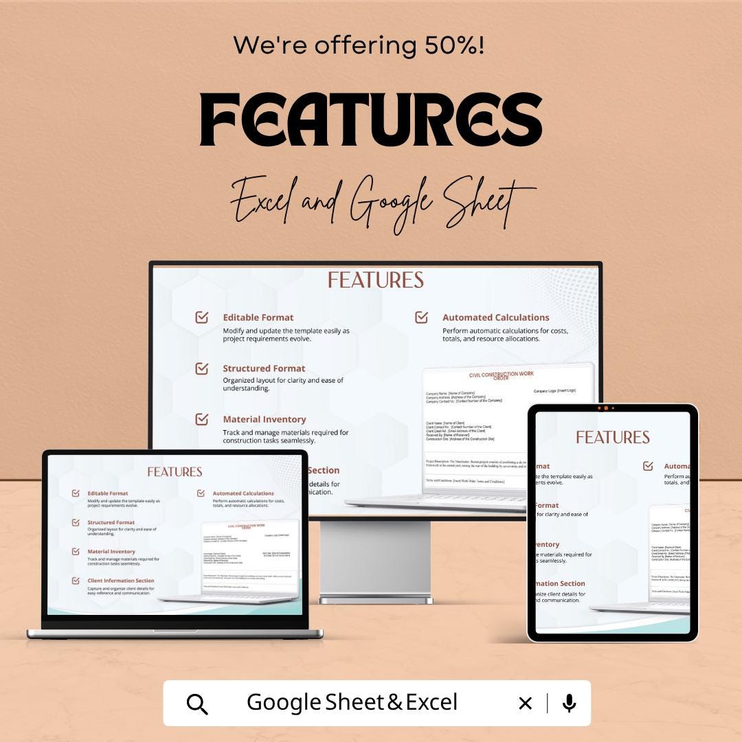 Construction Work Order Template | Contractor Job Sheet | Project Management Tracker | Excel & Google Sheets Work Order |