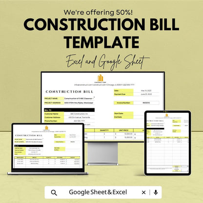 Construction Bill Template | Excel Invoice Spreadsheet | Google Sheets Construction Invoice | Contractor Billing Template | Project Expense