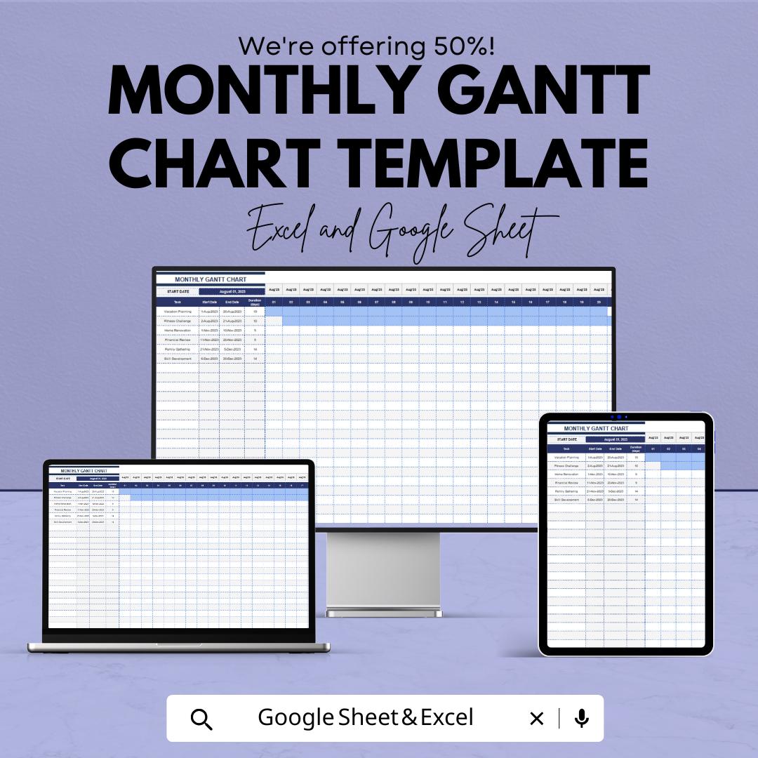 Monthly Gantt Chart Template for Excel & Google Sheets | Editable Project Planner | Task Timeline and Progress Tracker