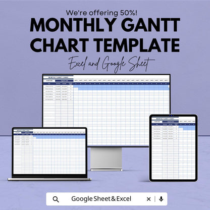 Monthly Gantt Chart Template for Excel & Google Sheets | Editable Project Planner | Task Timeline and Progress Tracker
