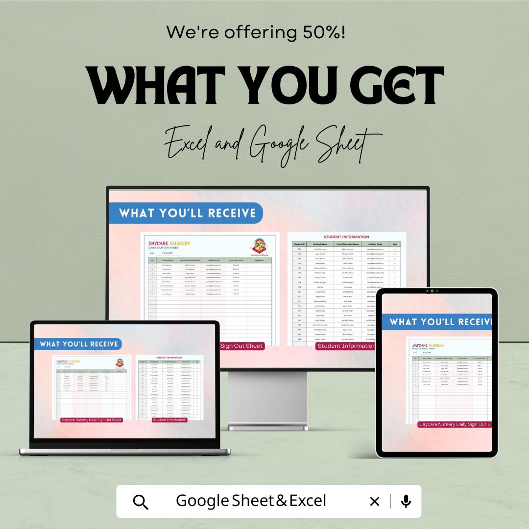 Daycare Nursery Daily Sign Out Sheet | Childcare Attendance Log for Parents | Excel & Google Sheets Template | Track Kids Check-In/Out